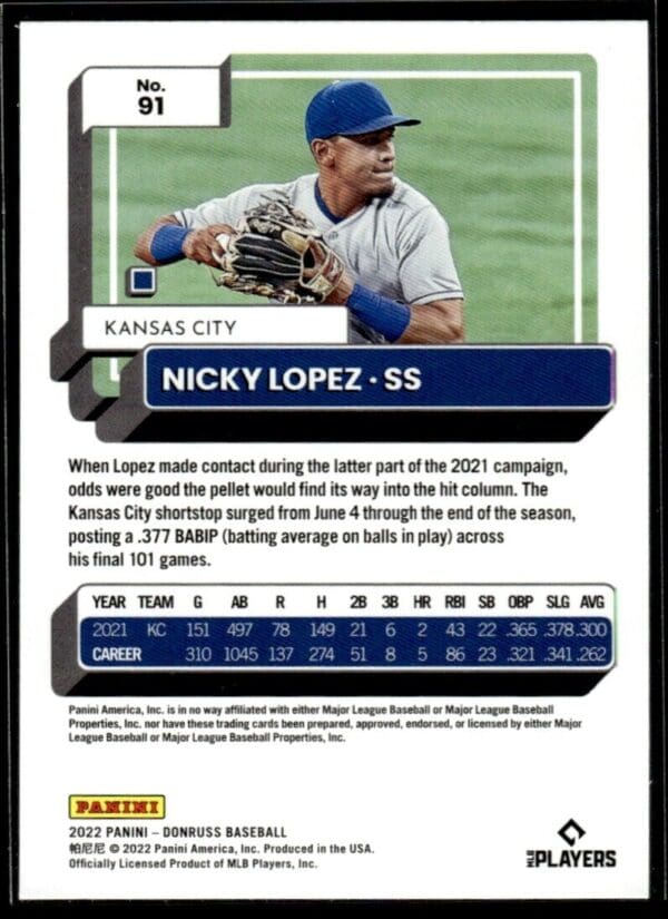 _10 2022 Donruss Kansas City Royals #91 Nicky Lopez
