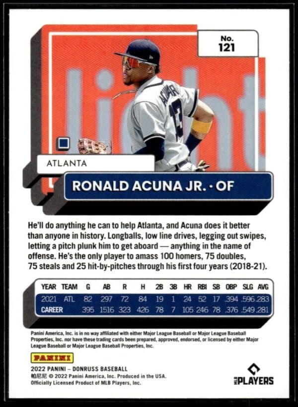 2022 Donruss Atlanta Braves #121 Ronald Acuna Jr. Orange Holo