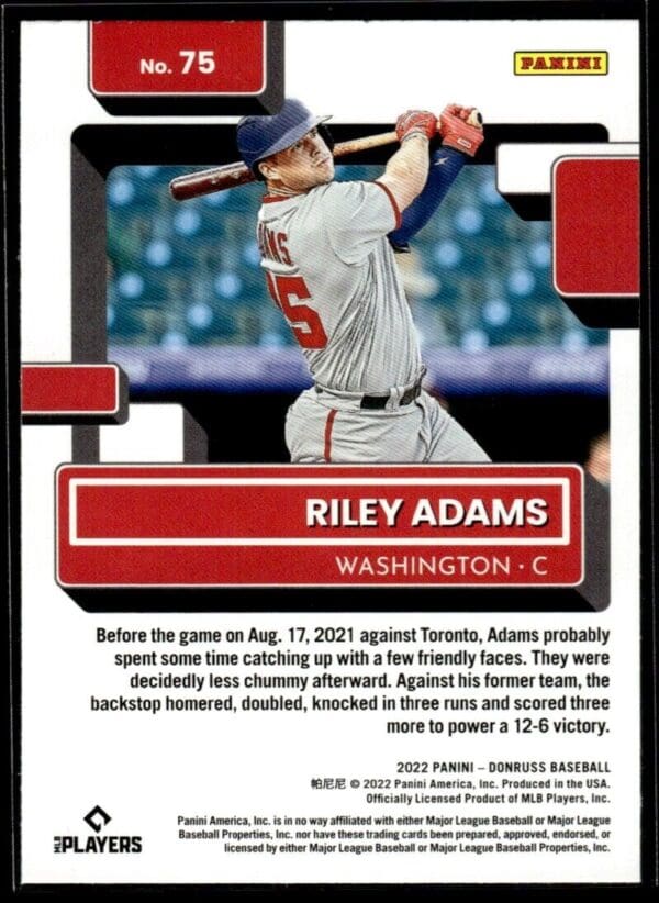 2022 Donruss Washington Nationals #75 Riley Adams RC Rookie