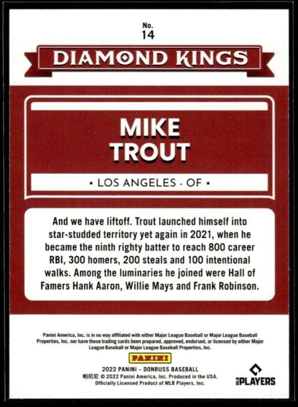 2022 Donruss Diamond Kings Los Angeles Angels #14 Mike Trout Orange Holo