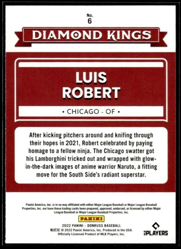 _10 2022 Donruss Diamon Kings Chicago White Sox #6 Luis Robert