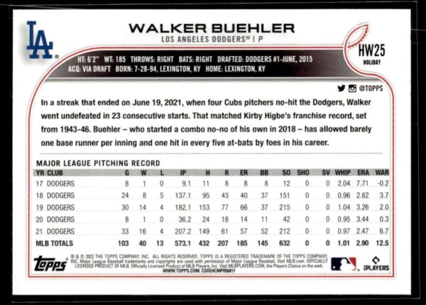 2022 Topps Holiday Los Angeles Dodgers #HW25 Walker Buehler