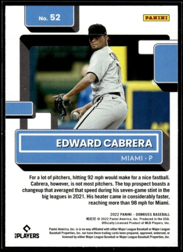 2022 Donruss Miami Marlins #52 Edward Cabrera RC Rookie