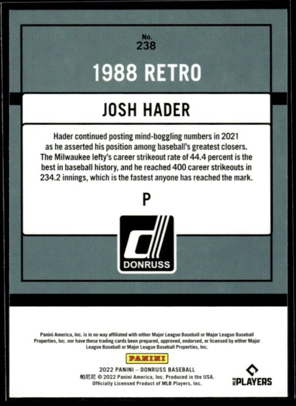 2022 Donruss Retro Milwaukee Brewers #238 Josh Hader
