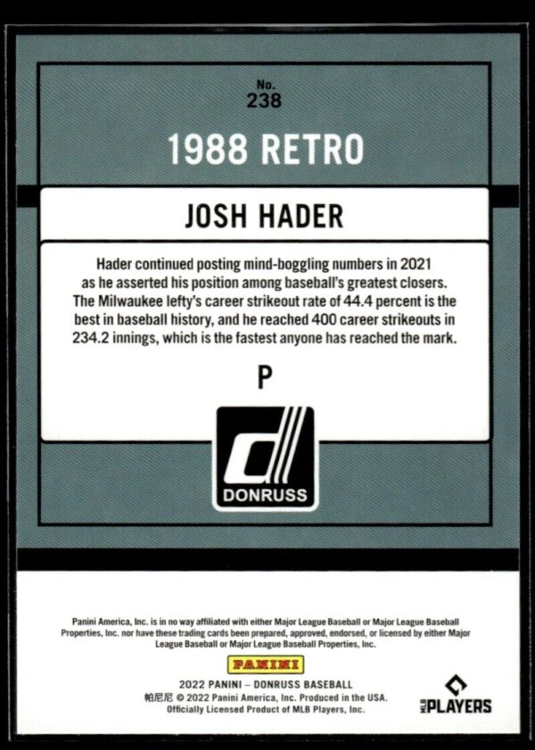 2022 Donruss Retro Milwaukee Brewers #238 Josh Hader