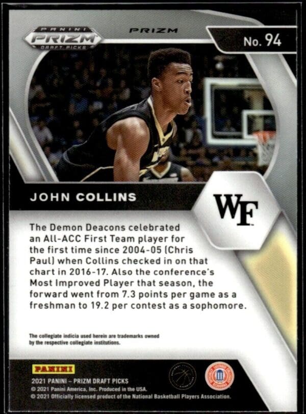 2021 Prizm Draft Picks Wake Forest Demon Deacons #94 John Collins Green Prizm