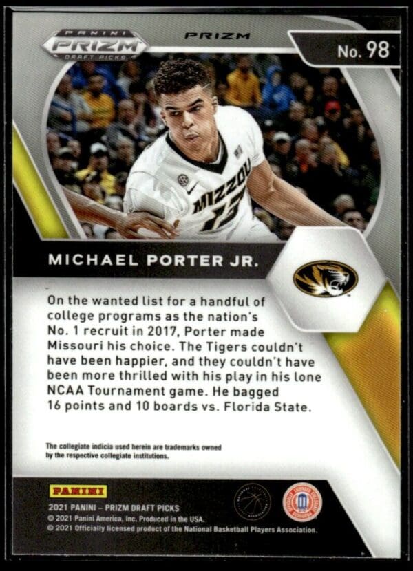 _10 2021 Prizm Draft Picks Missouri Tigers #98 Michael Porter Jr. Purple Prizm