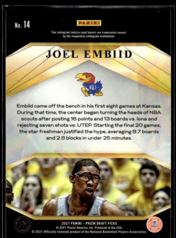 2021 Panini Prizm Draft Picks Brilliance Kansas Jayhawks #14 Joel Embiid