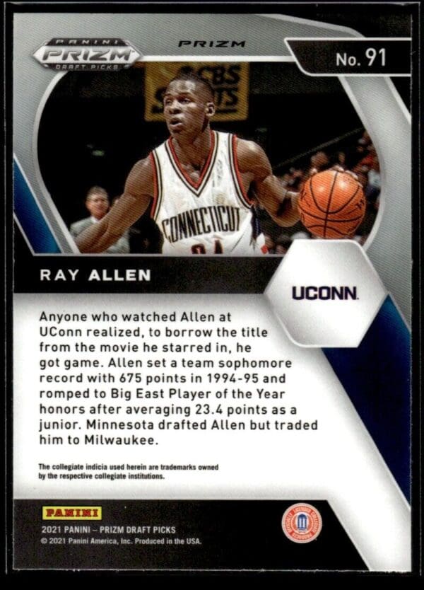 2021 Panini Prizm Draft Picks Connecticut Huskies #91 Ray Allen Green Prizm