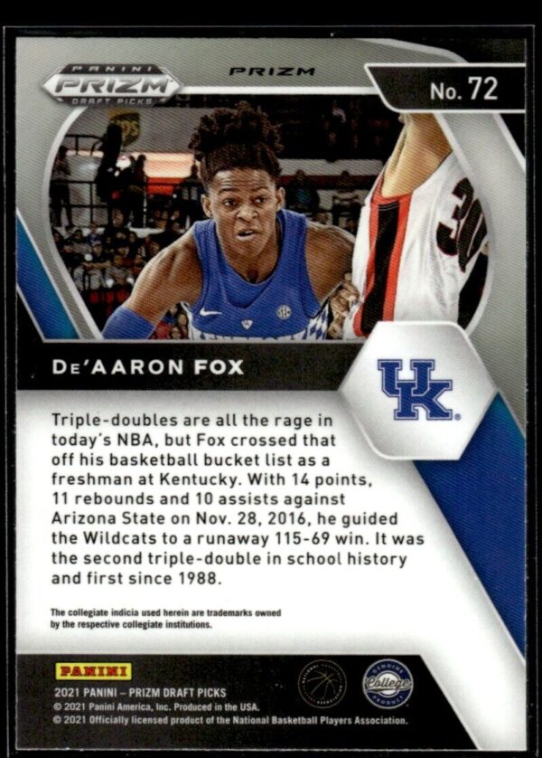 2021 Panini Prizm Draft Picks Kentucky Wildcats #72 De'Aaron Fox Green Prizm