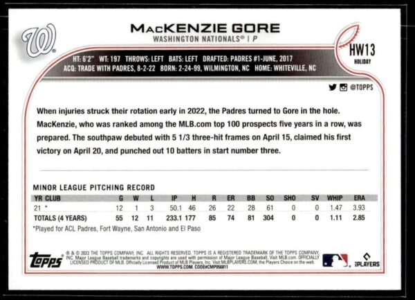 _10 2022 Topps Holiday Washington Nationals #HW13 MacKenzie Gore RC Rookie