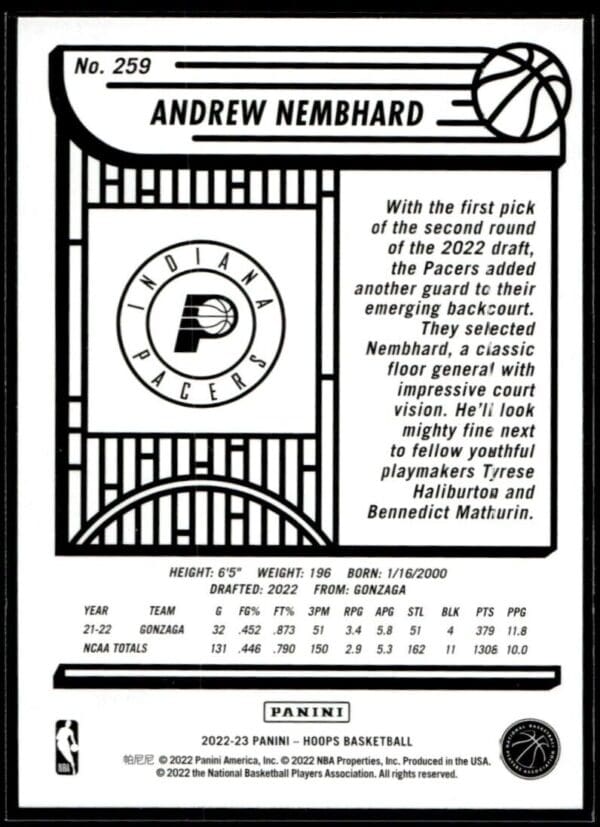 _10 2022 Hoops Indiana Pacers #259 Andrew Nembhard RC Rookie