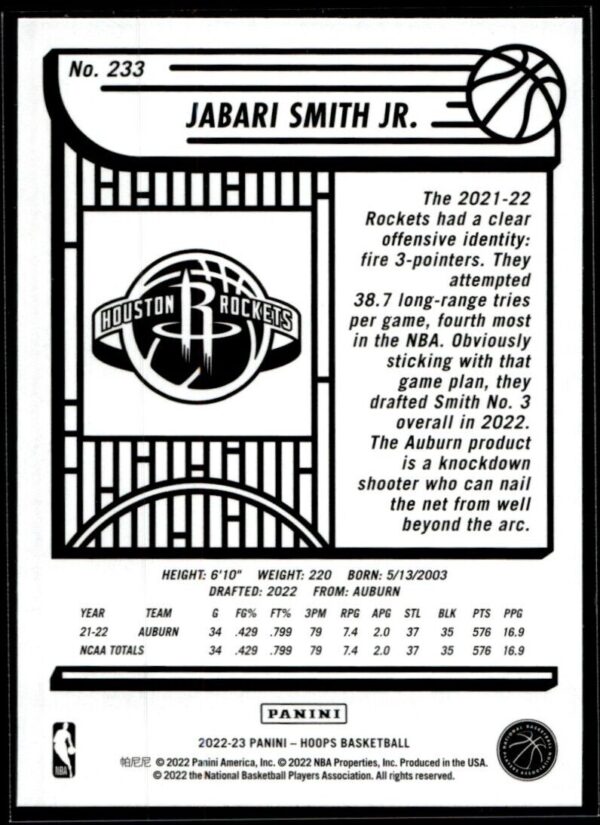 _10 2022 Hoops Houston Rockets #233 Jabari Smith Jr. RC Rookie