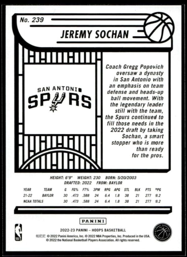 2022 Hoops San Antonio Spurs #239 Jeremy Sochan RC Rookie
