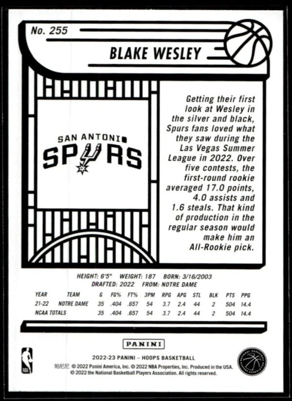 _10 2022 Hoops San Antonio Spurs #255 Blake Wesley RC Rookie