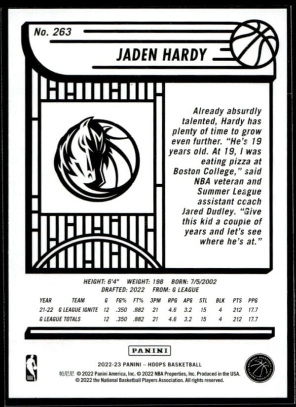 _10 2022 Hoops Dallas Mavericks #263 Jaden Hardy RC Rookie