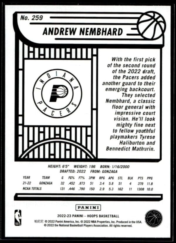 2022 Hoops Indiana Pacers #259 Andrew Nembhard RC Rookie