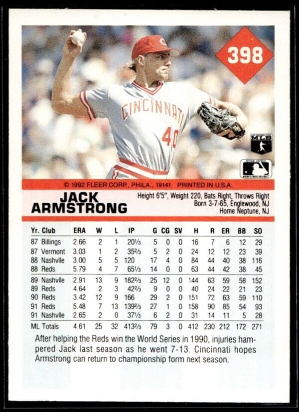 1992 Fleer Cincinnati Reds #398 Jack Armstrong