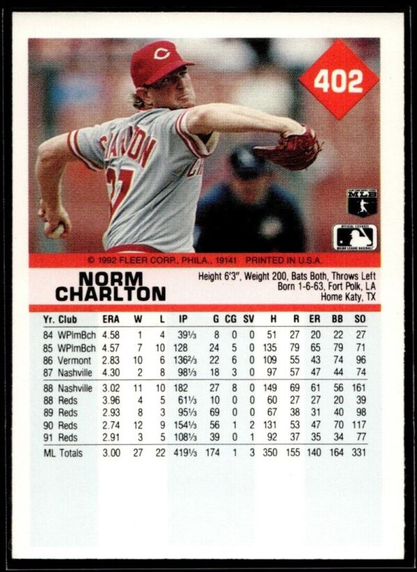 1992 Fleer Cincinnati Reds #402 Norm Charlton