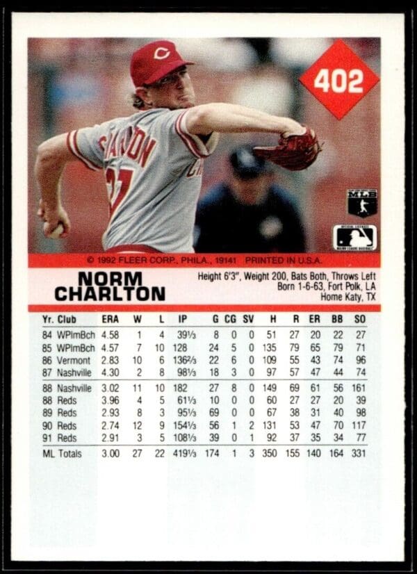 _10 1992 Fleer Cincinnati Reds #402 Norm Charlton