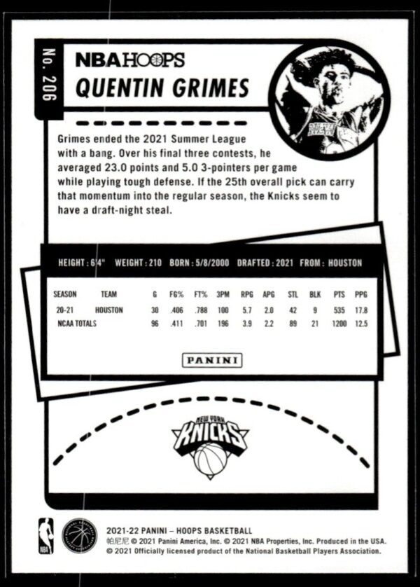 _10 2021 NBA Hoops New York Knicks #206 Quentin Grimes RC Rookie