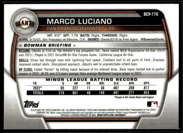 2023 Bowman Chrome San Francisco Giants #BCP-176 Marco Luciano