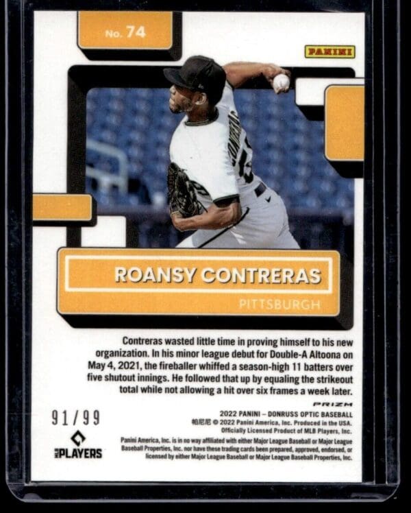 _10 2022 Donruss Optic Pittsburgh Pirates #74 Roansy Contreras RC Rookie 91/99 Red P