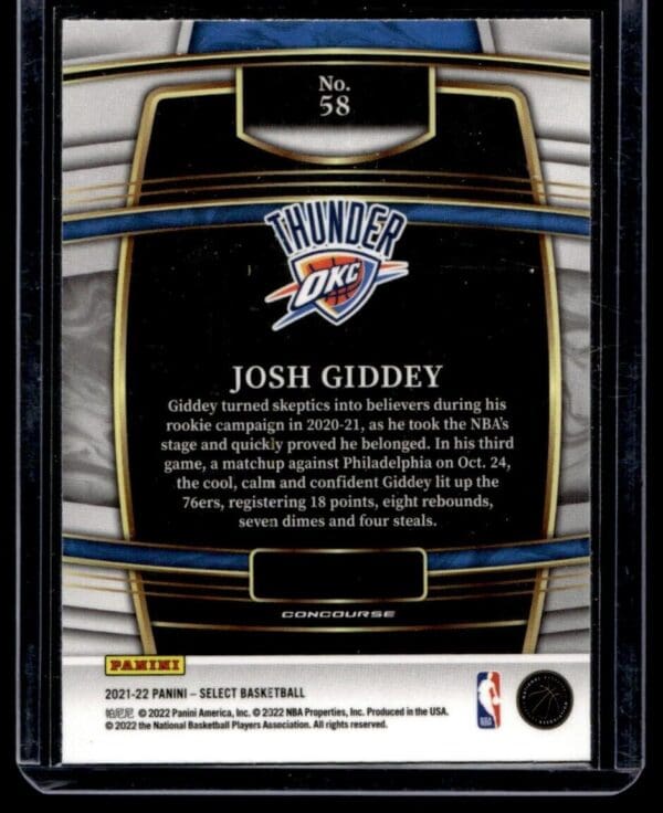 2021 Panini Select Oklahoma City Thunder #58 Josh Giddey RC Rookie Concourse Blu
