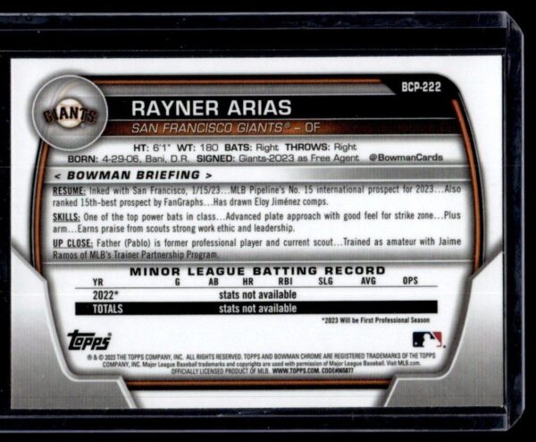 2023 Bowman Chrome San Francisco Giants #BCP-222 Rayner Arias