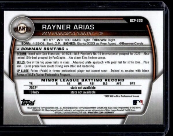 2023 Bowman Chrome San Francisco Giants #BCP-222 Rayner Arias