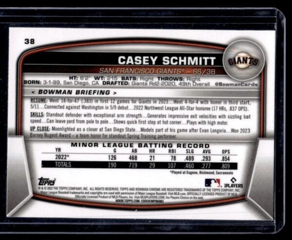 _10 2023 Bowman Chrome San Francisco Giants #38 Casey Schmitt RC Rookie