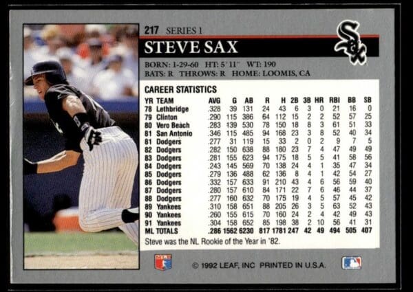 1992 Leaf Chicago White Sox #217 Steve Sax