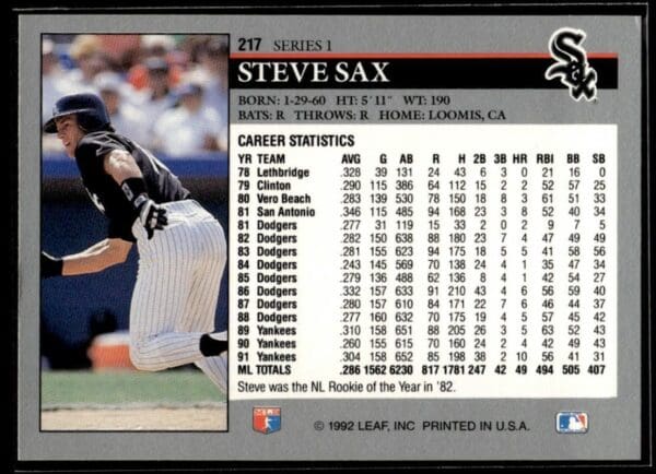 _10 1992 Leaf Chicago White Sox #217 Steve Sax