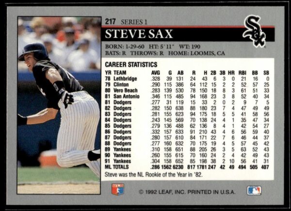 1992 Leaf Chicago White Sox #217 Steve Sax