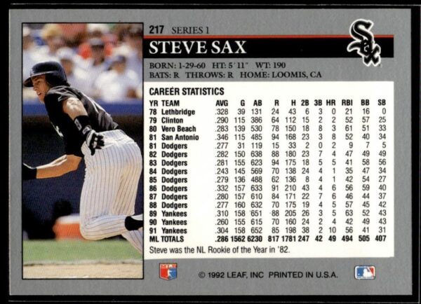 1992 Leaf Chicago White Sox #217 Steve Sax