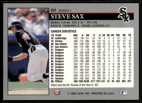 1992 Leaf Chicago White Sox #217 Steve Sax