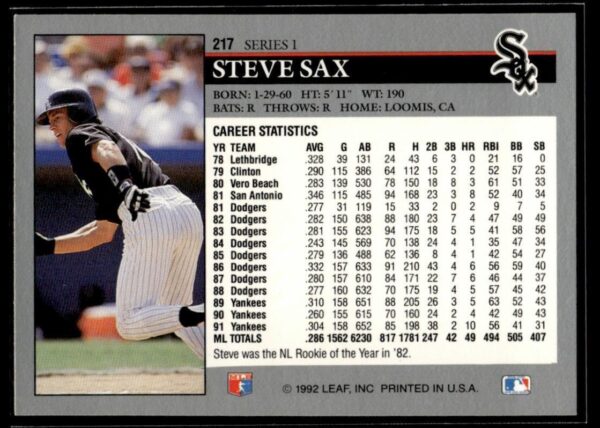 1992 Leaf Chicago White Sox #217 Steve Sax