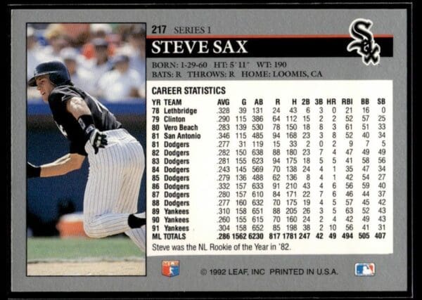 1992 Leaf Chicago White Sox #217 Steve Sax