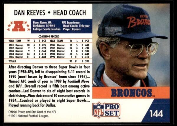 1991 Pro Set Denver Broncos #144 Dan Reeves