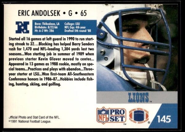 1991 Pro Set Detroit Lions #145 Eric Andolsek