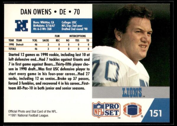 1991 Pro Set Detroit Lions #151 Dan Owens