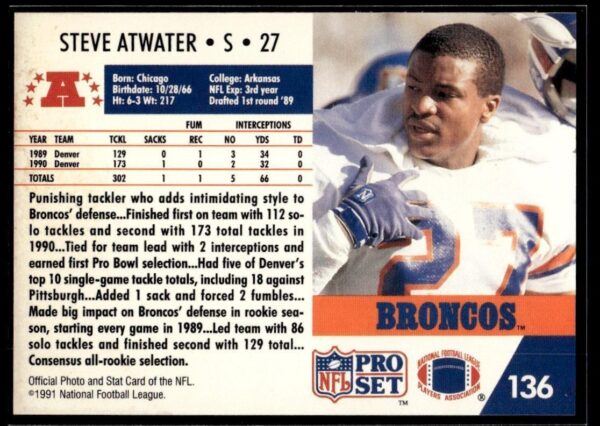 _10 1991 Pro Set Denver Broncos #136 Steve Atwater
