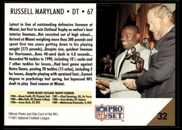 1991 Pro Set Miami Hurricanes #32 Russell Maryland RC Rookie
