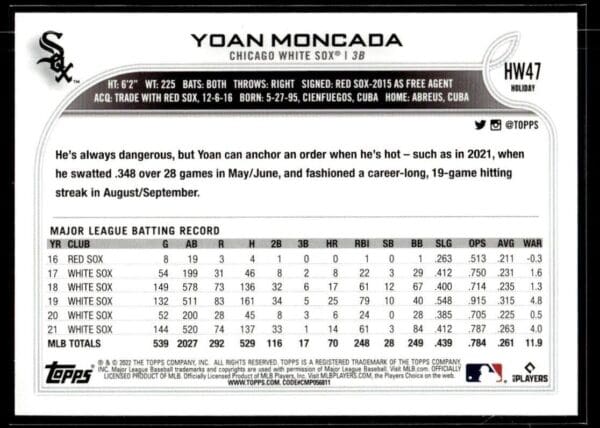 2022 Topps Holiday Chicago White Sox #HW47 Yoan Moncada