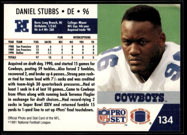 1991 Pro Set Dallas Cowboys #134 Daniel Stubbs