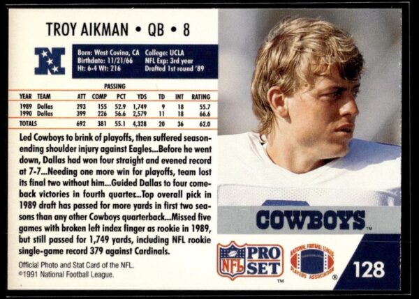 1991 Pro Set Dallas Cowboys #128 Troy Aikman