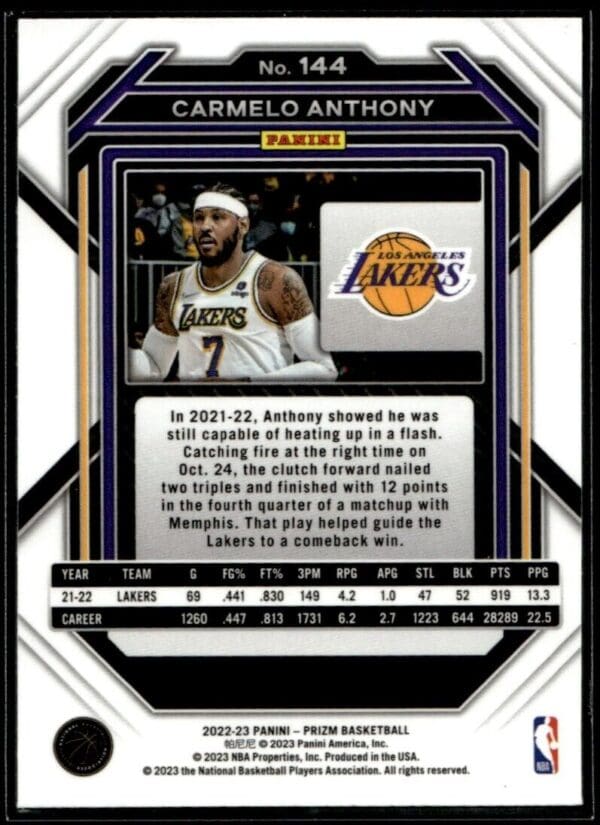 2022 Panini Prizm Los Angeles Lakers #144 Carmelo Anthony