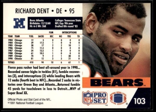 1991 Pro Set Chicago Bears #103 Richard Dent