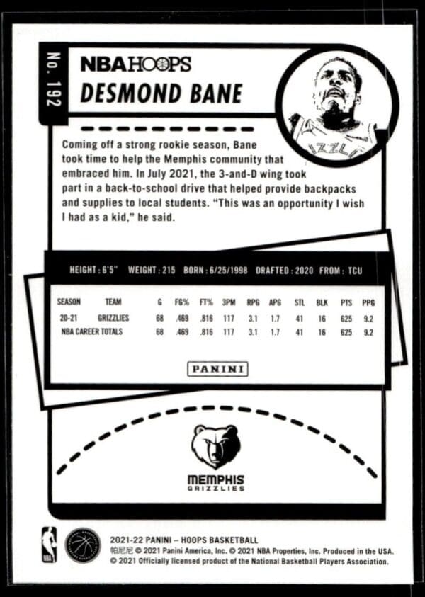 2021 NBA Hoops Winter Edition Memphis Grizzlies #192 Desmond Bane