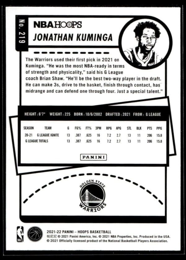 2021 NBA Hoops Golden State Warriors #219 Jonathan Kuminga RC Rookie